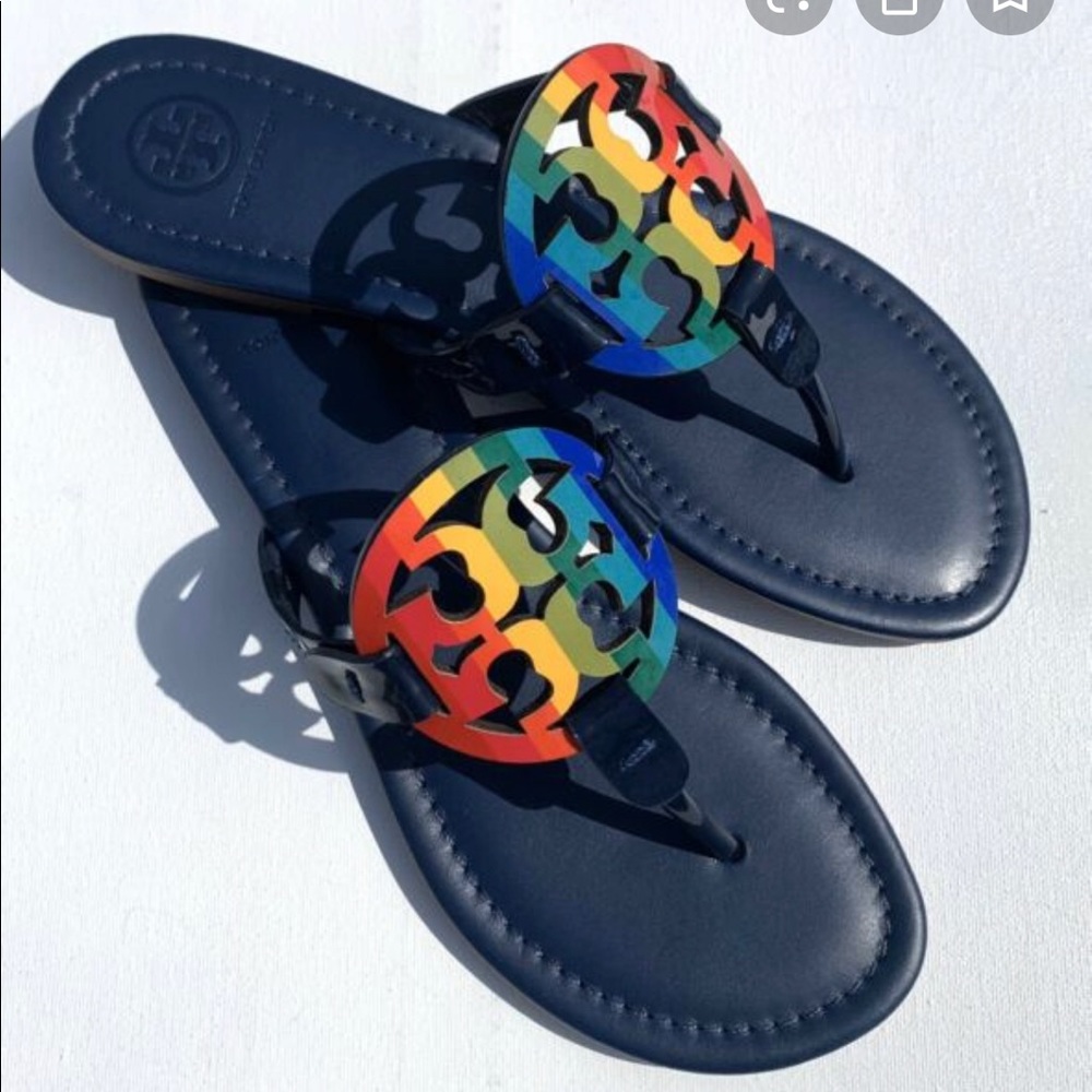 Tory Burch Miller T Logo Rainbow Patent Sandals
